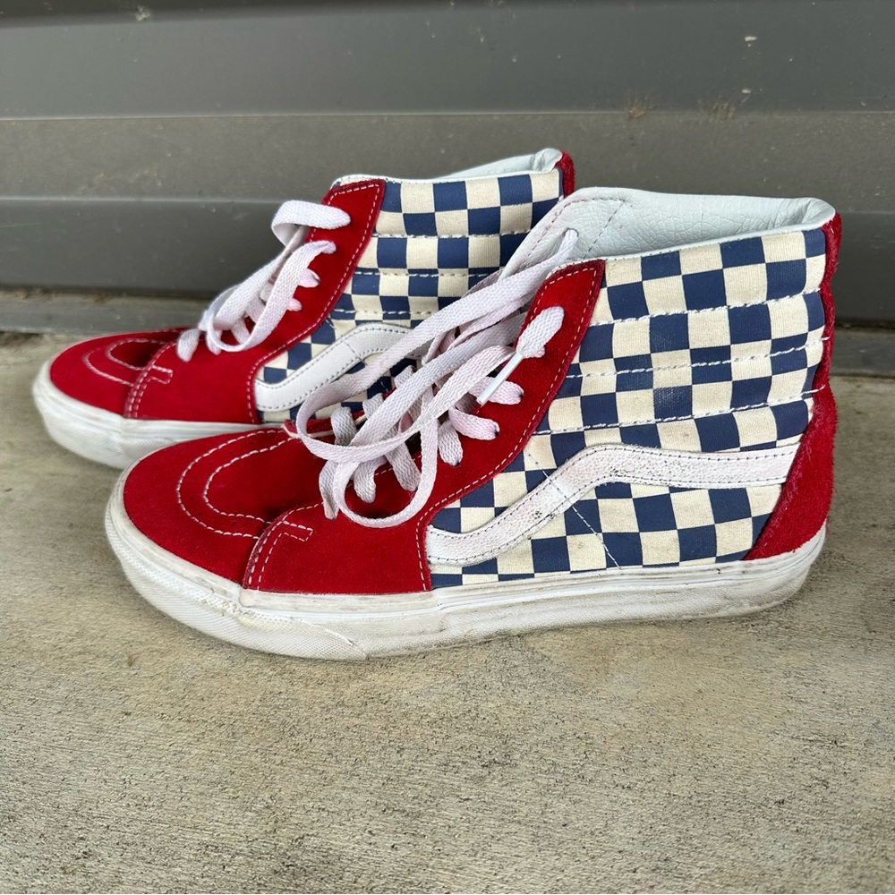 Vans Classic SK8 HI Shoes Checkered High Top Red Blue & White Size 8 Womens